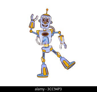 Personnage droïde robot groovy de dessin animé dansant. Vecteur argent rétro ai cyborg avec visage comique heureux, antenne et large sourire. Personnage mécanique drôle avec des yeux expressifs, et y2k hippie funky vibe Illustration de Vecteur