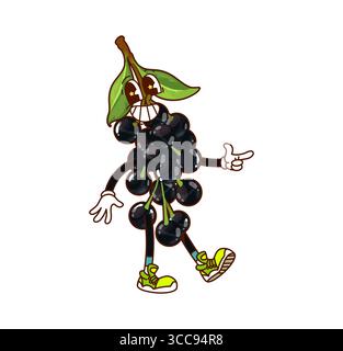 Personnage de baie de cerise d'oiseau groovy de dessin animé. Fruit mûr vecteur isolé, personnage hippie rétro-alimentaire sain avec des feuilles vertes sur le dessus, de grands yeux, des baskets, un large sourire et une expression faciale joyeuse Illustration de Vecteur