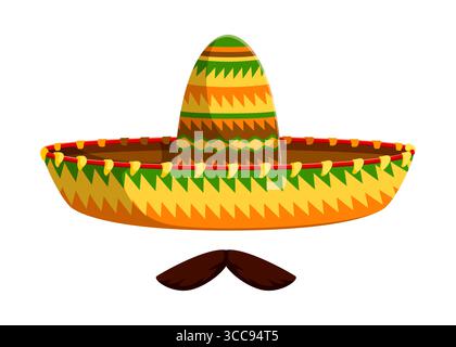 Chapeau sombrero mexicain mariachi avec moustaches pour la fête de vacances, vecteur de bande dessinée. charro mexicain ou sombrero mariachi avec moustaches et ornement latin pour le symbole de la culture et de la tradition mexicaine Illustration de Vecteur