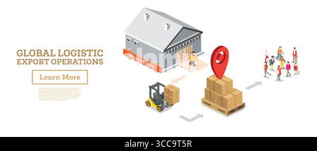 Opérations d'exportation logistiques mondiales isométriques avec entrepôt, chariot élévateur, boîtes de palettes et personnes. Concept de livraison internationale et de chaîne d'approvisionnement Illustration de Vecteur