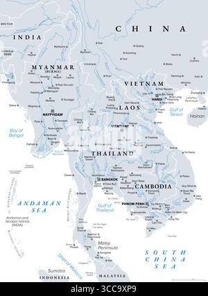 Asie du Sud-est continentale, grands fleuves, carte politique. Les plus grands fleuves et villes de la partie nord de l'Asie du Sud-est continentale. Voies navigables importantes. Banque D'Images
