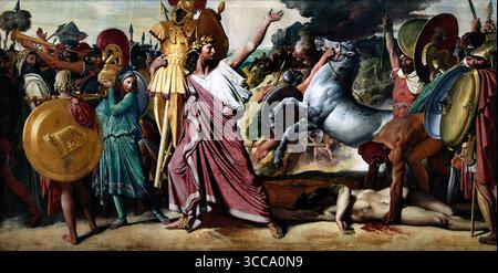 La victoire de Romulus sur Acron (Romulus, Conquérant d'Acron) porte le riche butin du Temple de Zeus 1812 Jean Auguste Dominique France Musée Louvre Paris ( le tableau représente la guerre qui a résulté de l'enlèvement romain des jeunes Sabines dans un effort pour remédier à la pénurie de femmes dans la ville nouvellement fondée de Rome. En représailles, Acron, le roi de la tribu voisine, les Caeninenses, déclara la guerre aux Romains. Lui et ses tribus ont été impitoyablement vaincus et leur ville saccagée par les Romains) Banque D'Images