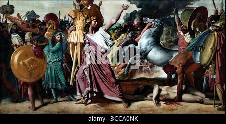 La victoire de Romulus sur Acron (Romulus, Conquérant d'Acron) porte le riche butin du Temple de Zeus 1812 Jean Auguste Dominique France Musée Louvre Paris ( le tableau représente la guerre qui a résulté de l'enlèvement romain des jeunes Sabines dans un effort pour remédier à la pénurie de femmes dans la ville nouvellement fondée de Rome. En représailles, Acron, le roi de la tribu voisine, les Caeninenses, déclara la guerre aux Romains. Lui et ses tribus ont été impitoyablement vaincus et leur ville saccagée par les Romains) Banque D'Images