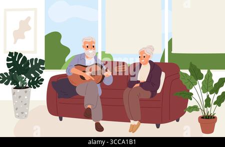 Couple de personnes âgées se relaxant à la maison sur le canapé. Homme senior jouant de la guitare à femme âgée. Loisirs des retraités. Passe-temps des grands-parents. Famille heureuse assise à Illustration de Vecteur