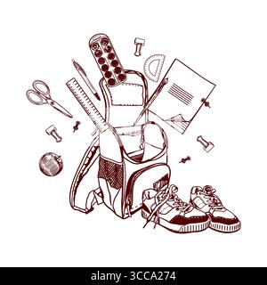 Retour à l'école clipart. Sac à dos, cahier, stylo, crayon, peintures, ciseaux, règle, baskets pour enfants. Ensemble de papeterie vectorielle dessiné à la main pour les couvertures et Illustration de Vecteur