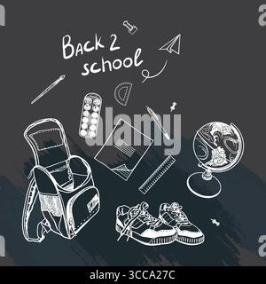 Bannière de retour à l'école avec craie blanche sur tableau noir. Sac à dos, globe, baskets écolier, cahier, règle, stylo, peintures, avion en papier. Dessiné à la main Illustration de Vecteur