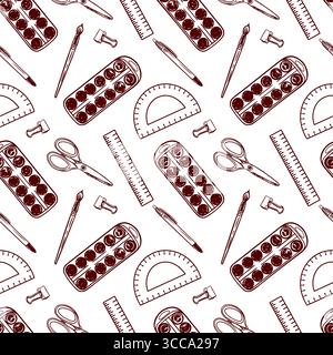 Fournitures scolaires modèle sans couture. Art clip vectoriel dessiné à la main de papeterie, stylos, ciseaux, peintures, trombones, la Journée des règles pour les enseignants et retour à Illustration de Vecteur
