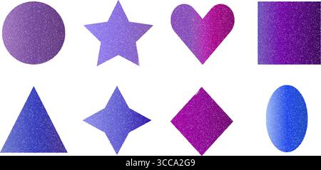 Ensemble de formes géométriques de gradation de bruit grossier grunge. Éléments de cadre y2k dégradé violet et bleu texturé granuleux. Formulaire de zones de texte autocollants graveleux vectoriels Illustration de Vecteur