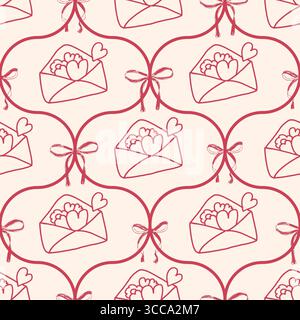 Motif sans couture de crayon de fête de mariage de coquette. Fond sans fin de partie d'ogée rouge et beige. Couverture damassée festive girly. Motif de surface birda Illustration de Vecteur