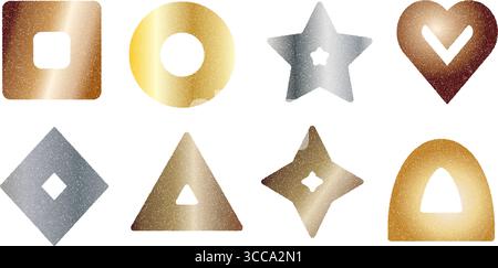 Ensemble de formes géométriques de couleurs métalliques. Éléments de cadre texturés à bruit granuleux. Icônes triangulaires, carrées et en forme de coeur argentées et dorées. Autocollants grunge vectoriels. B Illustration de Vecteur