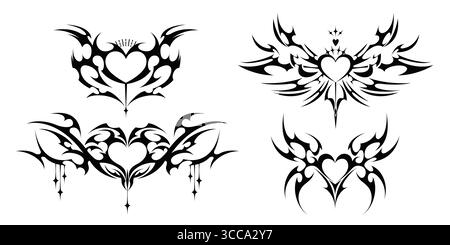 Conceptions de cadre de coeur gothique avec des ailes tribales - silhouettes ornementales noires pour l'art du tatouage, bordures décoratives avec des éléments pointus, graphismes vectoriels romantiques sombres pour des projets à thème mystique. Illustration de Vecteur