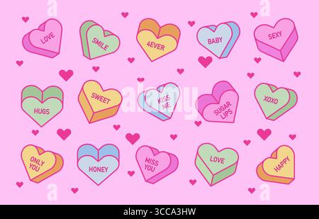 Collection de bonbons coeur avec des messages de Saint-Valentin - coeurs de conversation colorés en rose, bleu et jaune avec des mots doux. Bonbons flottants d'amour avec des étincelles pour les conceptions de célébration romantique. Illustration de Vecteur