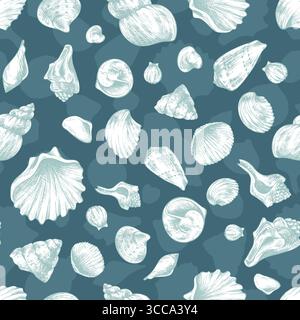 Motif coquille festonnée motif sans couture en blanc sur fond sarcelle, illustration d'art au trait dessinée à la main à l'encre noire, idéal pour l'emballage de style plage Illustration de Vecteur