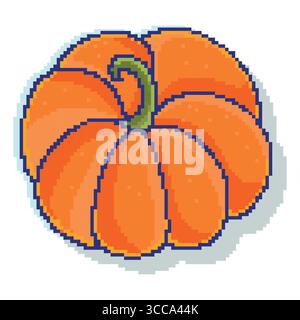 Citrouille orange Pixel Art avec tige verte et ombrage. Jolie illustration végétale 8 bits, parfaite pour les scènes de récolte rétro, les décorations d'automne, l'art pixel Illustration de Vecteur