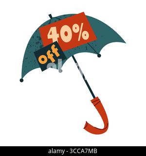 Autocollant vecteur de vente d'automne avec parapluie. Étiquette promotionnelle de réduction d'automne pour le prix. Affiche des prévisions saisonnières. Galerie marchande ou magasin, magasin ou supermarché offre spéciale ou étiquette d'offre. Publicité et vente au détail. Illustration de Vecteur