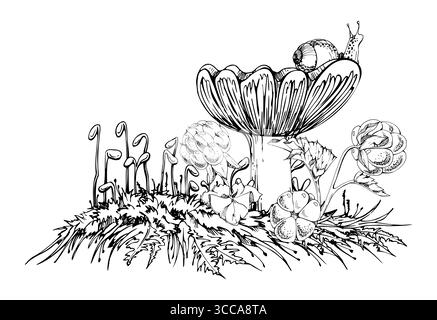 Champignon Russula cortinarius webcap avec escargot sur la casquette, baies de mûrier sur le dessus des tiges de spores de coussin de mousse. Écosystème forestier. Champignons Illustration de Vecteur