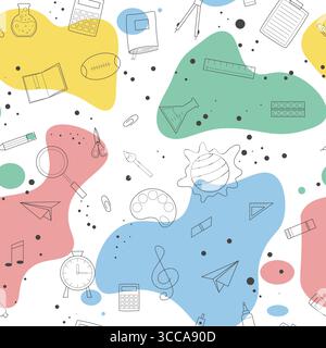 Modèle sans couture avec des taches colorées et des fournitures scolaires Illustration de Vecteur