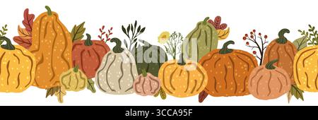 Modèle sans couture d'automne avec des citrouilles colorées, des feuilles et des fleurs Illustration de Vecteur