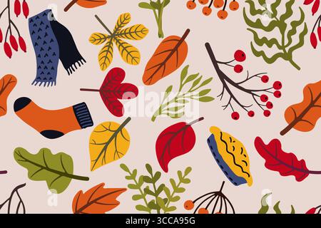Motif d'automne sans couture représentant des feuilles colorées, des baies sur les branches, une chaussette chaude et une écharpe, et une tranche de tarte, créant une atmosphère d'automne confortable et festive Illustration de Vecteur