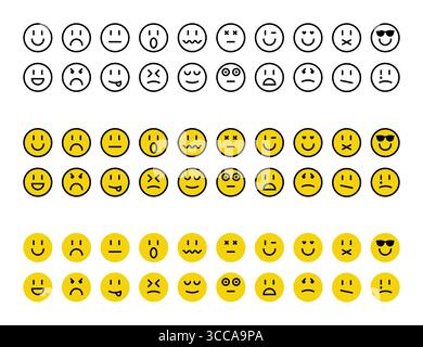 Ensemble d'émoticônes rondes jaunes et noires exprimant différentes émotions Illustration de Vecteur