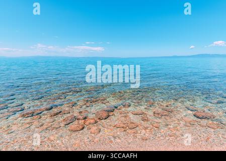 Eaux cristallines de la mer Égée, révélant les fonds marins rocheux en contrebas. Capturé à Polychrono, Halkidiki en Grèce, foyer sélectif Banque D'Images