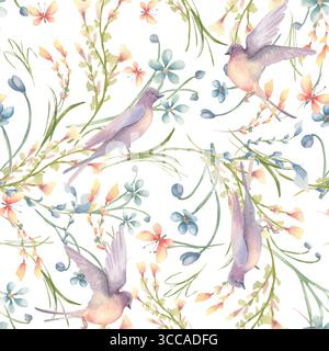 Fleurs sauvages de champ et oiseaux motif sans couture d'aquarelle pour fille. Impression avec de petites fleurs roses bleues et des hirondelles dessinées à la main. Imprimé petites fleurs Banque D'Images