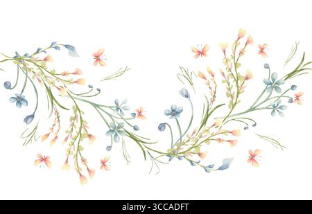 Délicate aquarelle florale bordure sans couture avec des fleurs sauvages jaunes et bleues pêche douce et des papillons isolés. Fleurs minuscules dessinées à la main botanique Banque D'Images