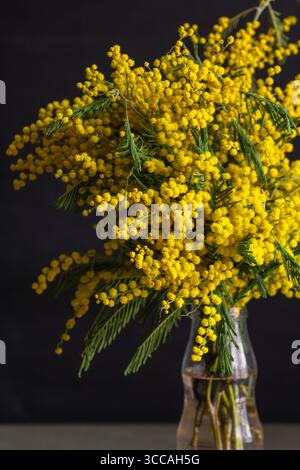 Bouquet de mimosa dans un vase en verre sur fond sombre Banque D'Images