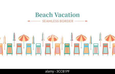 Frontière transparente de vecteur de vacances de plage d'été. Parasols rayés colorés, chaises longues dans une rangée isolé sur fond blanc. Cadre côtier ludique Illustration de Vecteur