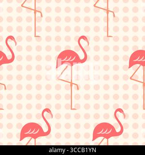 Motif sans couture de vecteur de flamants. Oiseaux de flamant rose tropical sur fond pointillé clair. Joli design de surface d'été exotique monochrome rétro Illustration de Vecteur