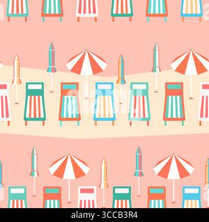 Vecteur de vacances de plage en bord de mer modèle sans couture. Parasols rayés colorés, chaises longues dans une rangée sur fond rose mignon. Vacances côtières amusantes et ludiques Illustration de Vecteur