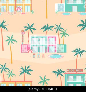 Hôtel tropical sans couture. Paysage touristique au bord de la piscine. Bâtiments colorés de l'hôtel, palmiers, chaises longues, parasols, panneaux rétro de motel sur le sable Illustration de Vecteur
