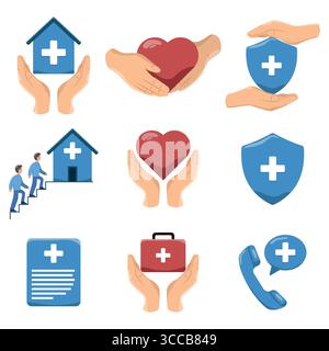 Ensemble d'illustrations médicales et de soins de santé icônes de mains tenant le cœur, clinique, trousse de premiers soins, dossier médical, bouclier, et le concept de télémédecine Illustration de Vecteur