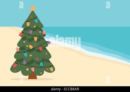 passer noël d'une manière différente sur les vacances tropicales ; arbre de noël avec des lumières sur la plage - illustration vectorielle Illustration de Vecteur
