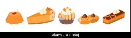 Ensemble de gâteau sucré ou de pâtisseries, tarte à la citrouille, cupcake, pain isolé sur fond blanc. Collection de desserts ou de produits à base de farine de boulangerie dessinés à la main Illustration de Vecteur