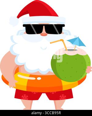 Santa Claus d'été tenant boisson à la noix de coco et anneau de natation gonflable - illustration vectorielle conception plate isolé sur fond transparent Illustration de Vecteur
