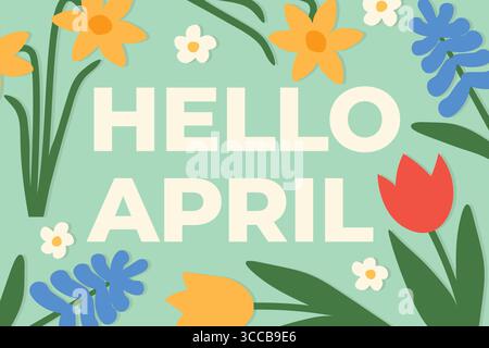 bonjour avril texte avec tulipe, jacinthe et fleurs de jonquille - illustration vectorielle Illustration de Vecteur