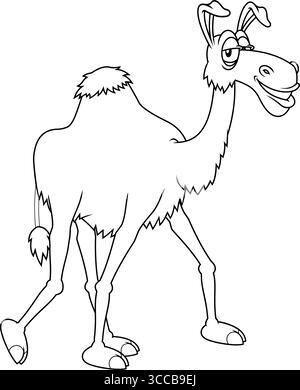 Drôle Camel Cartoon personnage marchant avec sourire confiant - illustration dessinée à la main par vecteur noir et blanc Illustration de Vecteur