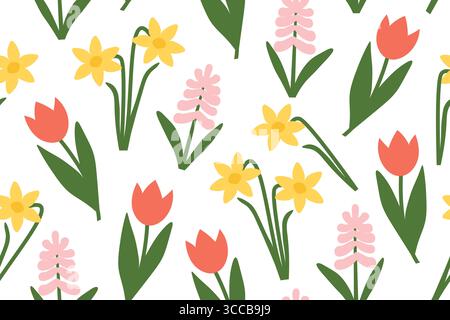 pâques, modèle sans couture de printemps avec tulipe, jacinthe et fleurs de jonquille-illustration vectorielle Illustration de Vecteur