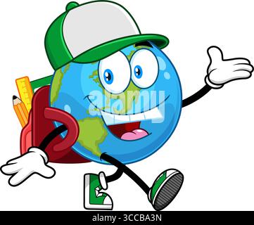 Cute School Earth Globe Cartoon personnage marchant avec sac à dos et casquette – illustration vectorielle dessinée à la main isolée sur fond transparent Illustration de Vecteur