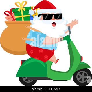 Summer Santa Claus Cartoon personnage Riding Scooter avec grand sac de cadeaux et la main ondulante - illustration vectorielle Flat Design Illustration de Vecteur