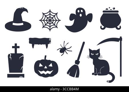 Ensemble d'icônes d'Halloween : chapeau de sorcière, toile d'araignée, fantôme, pot bouillant, tombe, crocs de vampire, Jack-o’-lanterne, balai, chat et faux- illustration vectorielle Illustration de Vecteur