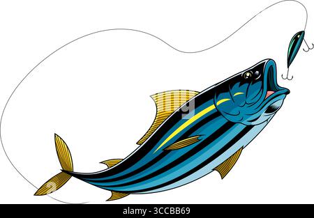 Listao thon poisson attrapant le leurre de pêche conception graphique. Illustration vectorielle dessinée à la main isolée sur fond transparent Illustration de Vecteur