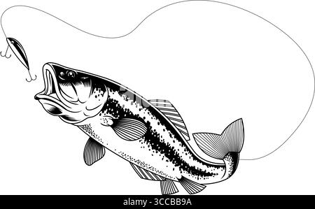Conception graphique de l'achigan à grande bouche surlignée attrapant le leurre de pêche. Illustration vectorielle dessinée à la main isolée sur fond transparent Illustration de Vecteur