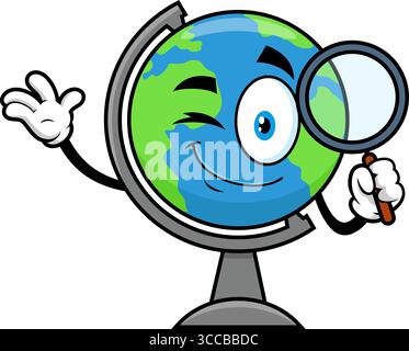School Globe Cartoon personnage tenant Une loupe et agitant. Illustration vectorielle dessinée à la main isolée sur fond transparent Illustration de Vecteur