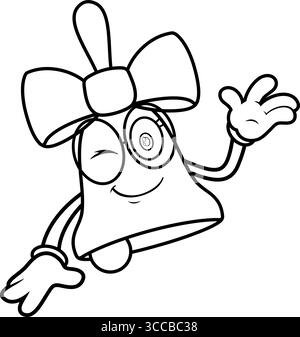 Cloche de l'école esquissée personnage de dessin animé Winking and Waving for Greeting. Illustration vectorielle dessinée à la main isolée sur fond transparent Illustration de Vecteur
