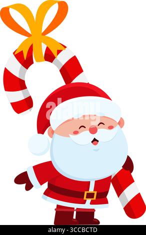 Joli personnage de dessin animé du Père Noël tenant Un Big Gift Candy Cane. Illustration vectorielle Flat Design isolé sur fond transparent Illustration de Vecteur