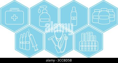 Jeu d'icônes bleu Hexagon Medical Line, badges blancs avec trousse de premiers soins, pompe assainissante, flacon compte-gouttes, pots de médecine, ampoules et seringue Illustration de Vecteur