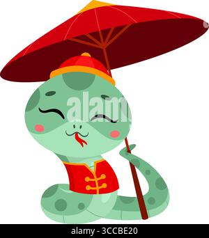 Mignon personnage chinois du nouvel an Snake Cartoon tenant un parapluie en papier d'huile. Illustration vectorielle Flat Design isolé sur fond transparent Illustration de Vecteur