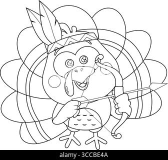 Esquissé Cute Baby Indian Turkey Bird Cartoon Character avec Bow et Arrow. Illustration vectorielle dessinée à la main isolée sur fond transparent Illustration de Vecteur